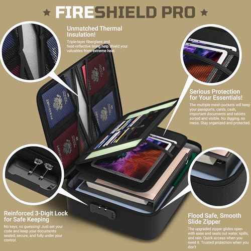 FIRESHIELD PRO 5200¡ÆF Fireproof Document Box with Lock ? Fire Safe Organizer with Laptop, Tablet & Cards Pockets ? Water Resistant, Multi-Pocket Storage for Travel, Home or Office ? 15" x 11" x 4.1"