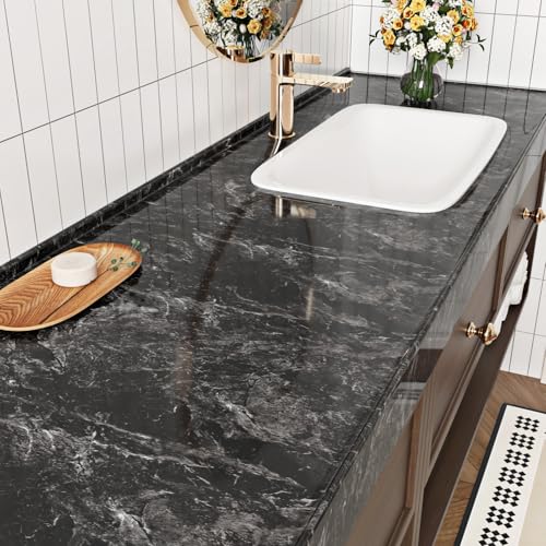 Black Marble Contact Paper Peel and Stick Countertops 15.8"x78.7" Decorative Wallpaper Waterproof Black Contact Paper for Countertops Removable Wallpapers Marble Vinyl Film for Cabinets Shelf Liner