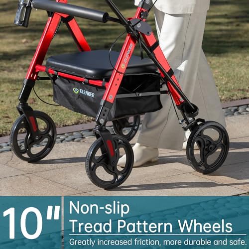 ELENKER Heavy Duty Rollator Walker with Extra Wide Padded Seat and Backrest, Aluminum Bariatric Rolling Walker, 10” Wheels, Support up to 500lbs for Seniors, Red