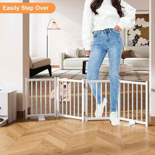 Snughome Dog Gate Indoor, 16" High Freestanding Dog Door Gates with Support Feet, Expands Up to 48¡¯¡¯ Wide Foldable Pet Gates for Doorways Hallways, 4 Panel Folding Pet Door Pet Fence for Puppy, White