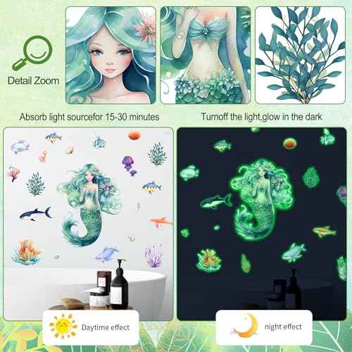 Mermaid Wall Decals Glow in The Dark Mermaid Wall Stickers Glow in The Dark Under The Sea Wall Decals for Kids Baby Bedroom Nursery Classroom Bathroom Mirror Decor