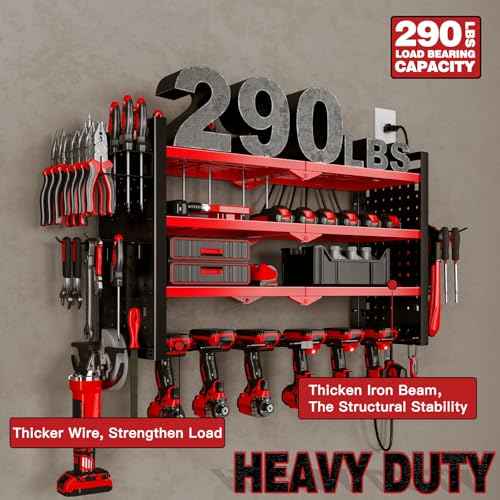 Power Tool Organizer Wall Mount with Charging Station 4 Layer 6 Slot Cordless Drill Holder with Angle Grinder Holder (Red)