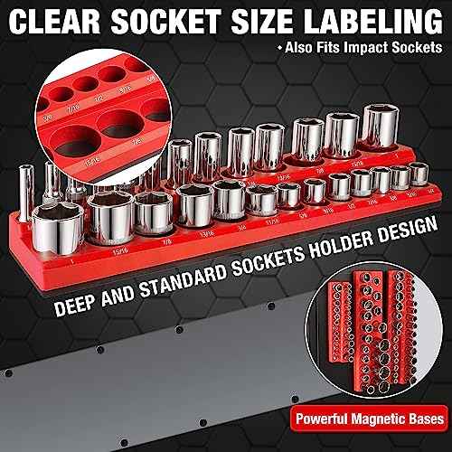ALOANES 54-Slot Magnetic Socket Organizer - 2PC Holder Kit, Premium Tray Holders for Standard & Deep Metric Sockets, Heavy Duty 3/8-inch Drive Tool Organizer (Red & Blue)