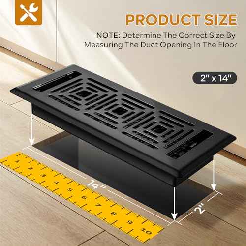 Floor Register 2x14, Heavy Duty Walkable Steel Floor Vents Ease Adjust Air Flow Direction Floor Registers, Boston Design, Black Air Floor Vent Covers for Home