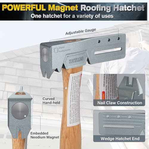 Magnetic Roofing Hatchet with Nail Claw & Sliding Gauge ? Durable Roofing Hammer Tool for Repairs and Installation