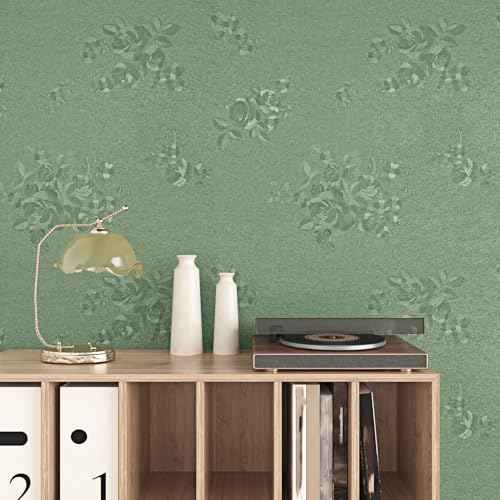 Wallercity Sage Green Wallpaper Self Adhesive Rose Embossed Floral Peel and Stick Wallpaper for Bedroom Walls Waterproof Textured Floral Contact Paper for Kitchen Countertops Cabinets 15.8''x78.7''