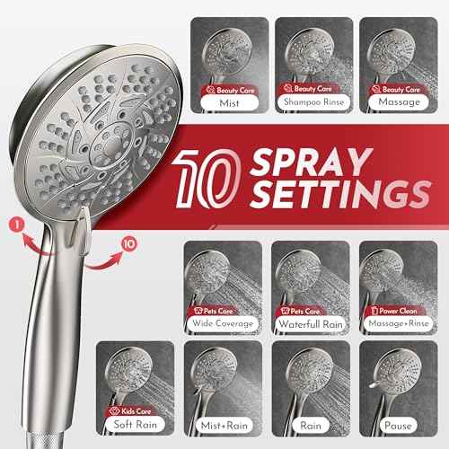 PRIMSOPH Shower Head Handheld Spray Combo 10 Mode Spray Settings Magnetic 2-in-1 High Pressure Dual Showerhead Auto-Switch Square Combination, Brushed Nickel