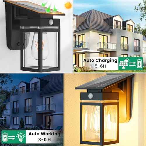 2 Pack Solar Porch Lights Outdoor, Dusk to Dawn & Motion Sensor Wall Light with Lantern Shape, 3 Modes IP65 Waterproof, E26 Bulb Exterior Sconce for Front Porch, Garage, Patio Security