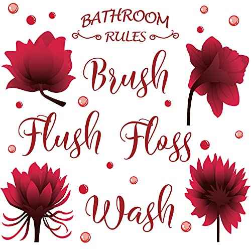 Set of Bathroom Wall Decals Stickers Wash Brush Flush Floss Bathroom Rules Wall Decor Sticker Waterproof Flower Sign Decals for Kitchen Home DIY Decorations