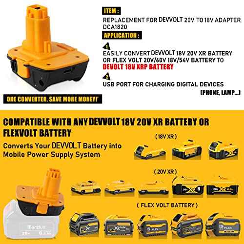 TenHutt ¡¼with USB Replace for De-Walt 20V to 18V Battery Adapter Converter DCA1820 for De-Walt 18V Tools, Fit for Dew-alt 20V Battery DCB203 DCB206 to 18V XRP NiCd NiMh Battery DC9098 DC9096