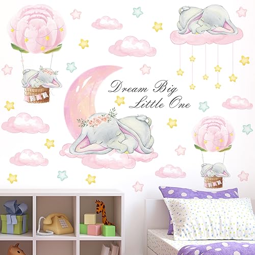 Removable 3D Cartoon Elephant Sleeping on the Moon and Cloud Wall Decor Sweet Dream Princess Little Girls Bedroom Wall Decal Hot Air Ballon Stars Wall Sticker for Baby Children Rooms Playroom Nursery