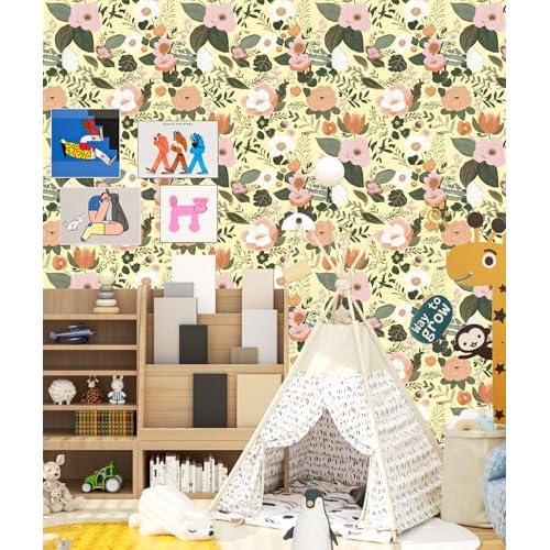 Danodoi Yellow Floral Peel and Stick Wallpaper Vintage Blue Contact Paper Pink Flower Wall Mural Home Vinyl Waterproof Self Adhesive Removable Renter Friendly Wall Paper 17.5" x 118"