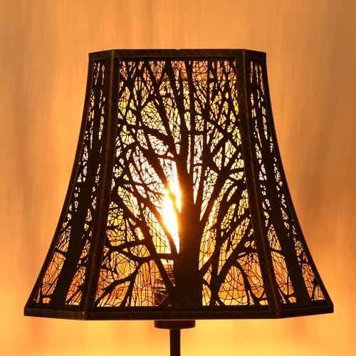 Square Cut Corner Metal Lamp Shades, 7" Top x 12" Bottom x 10.5" High Medium Bell Lampshade (Spider Fitter), Etched Forest Lampshades for Table Lamps and Floor Lamps, Bronze Gold Tree Pattern