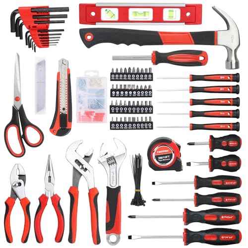 FASTPRO 220-Piece Home Tool Set, Household Repairing Tool Kit with 12-Inch Wide Mouth Open Storage Tool Bag, Red