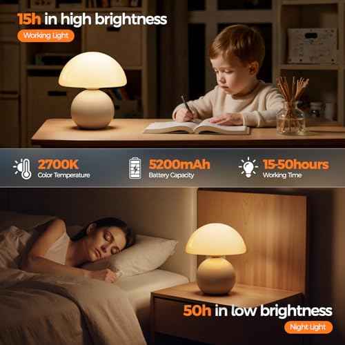 NIORSUN Wireless Mushroom Lamp,Table Lamp for Bedroom, Portables Cordless Lamps,Wireless lamp,Small Bedside Table Touch Lamps for Living Room,Mini Mushroom 5200mAh Battery Operated Lamp Modern (White)