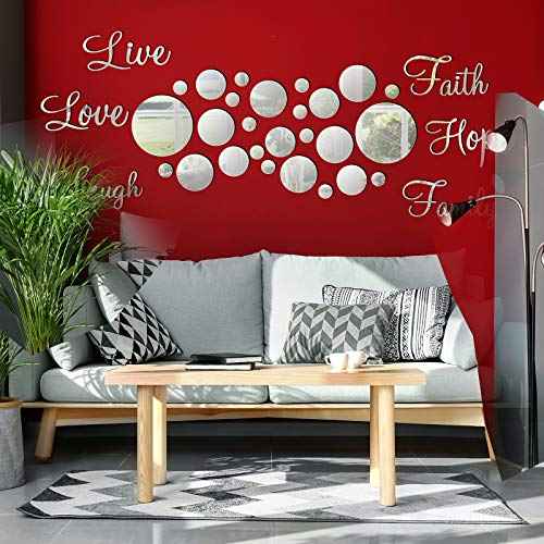 Zonon 3D Acrylic Mirror Wall Decor Stickers 6 Word DIY Faith Live Laugh Hope Love Family Mirror Wall Decor 26 Solid Circle Stickers for Home Bedroom Office(Silver)