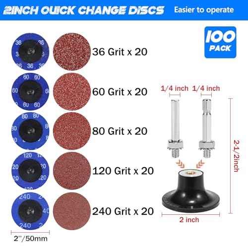 100Pcs 2 Inch die Grinder Sanding Disc, Roll Lock Quick Change Disc 36/60/80/120/240 Girt Die for Drill 1/4" Holder,Surface Prep Strip Grind Polish Finish Burr Rust Paint Removal