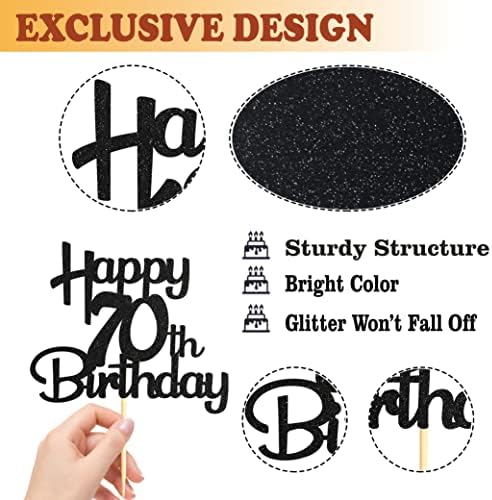 Sotpot Happy 70th Birthday Cake Topper Black Glitter 70th Cake Toppers 70 Birthday Cake Decorations for Cheers to 70 Fabulous Birthday Party Supplies - 1 Pack
