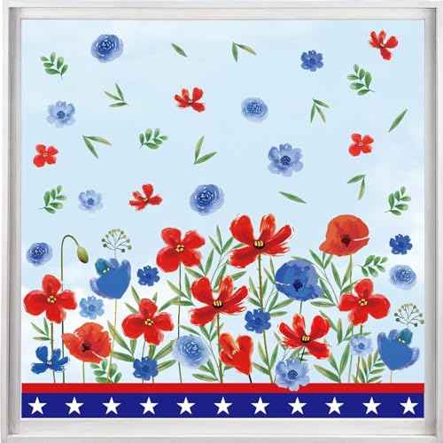 Chunnin 9 Sheets 4th of July Window Clings Summer Patriotic Floral Window Decoration Party Supplies Wild Flower Stickers Independence Day Fourth of July Red Blue Memorial Day Poppy Double Sided Decal