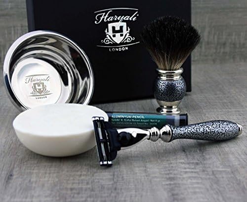 Haryali London 5 Pc Mens Grooming & Shaving Kit 3 Edge Razor with Black Badger Hair Shaving Brush, Soap, Bowl and Alum Perfect Set for Men