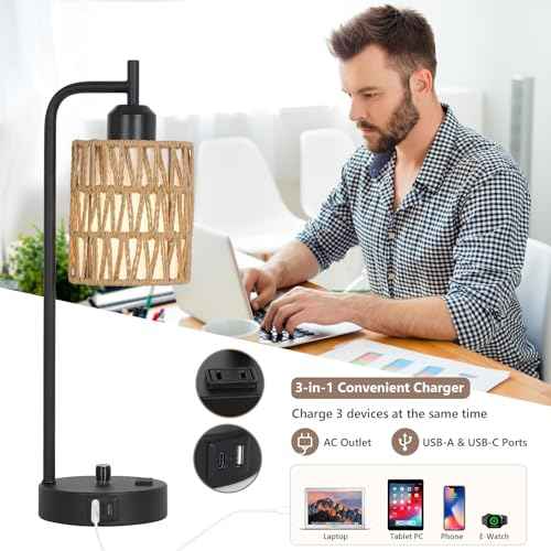 Rattan Table Lamps for Living Room Set of 2, Boho Bedside Lamps with LED Bulbs, USB Charging Ports and Outlet, Farmhouse Nightstand Lamp with Woven Shade, Black Desk Lamp for Bedroom Office