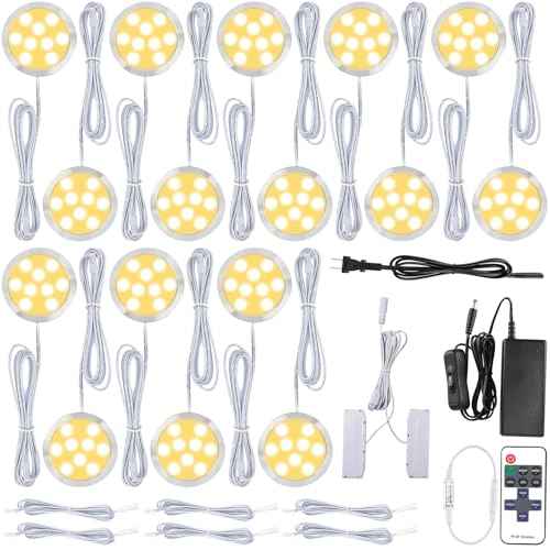 Under Cabinet LED Puck Lights Kit, Kitchen Hutch Shelf Lighting, Parallel Connection, 120VAC Wall Plug & Hardwired, Remote Control Dimmable, Warm White, 16 Lights