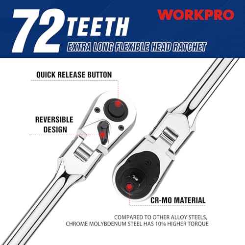 WORKPRO 1/2 inch Drive Extra Long Flex Head Ratchet, 24 Inch Long CR-V Steel Ratchet Handle with Chromium Plating, CR-MO Head, Quick Release Reversible Design, 72-Tooth