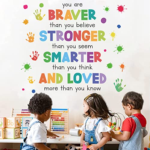 Motivational Wall Decals for Kids ? Braver Stronger Smarter Loved Inspirational Quote Stickers, Peel and Stick Positive Affirmations for Nursery, Playroom, Preschool, Classroom Decor