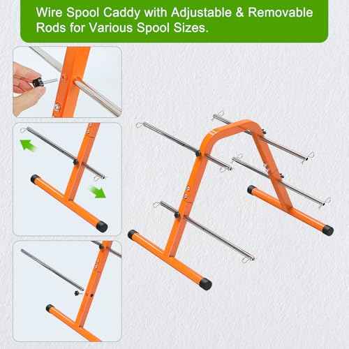 SELEWARE Portable Wire Spool Caddy ? Heavy-Duty Steel Cable Dispenser with 4 Adjustable Rods for Effortless Spool Storage & Dispensing (Orange)