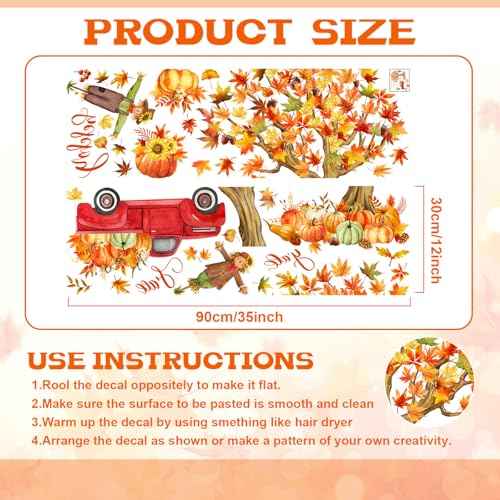 Thanksgiving Fall Wall Decals Autumn Maple Leaves Scarecrow Pumpkin Truck Thanksgiving Removable Sticker Cute Fall Wall Mural Art for Classroom Bedroom Decor
