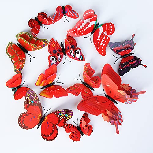 CL-Link 24PCS 3D Butterfly Wall Decals Red Double Layer Butterflies Wall Stickers Removable Butterfly Decor for Home Bedroom Kids Room Decor