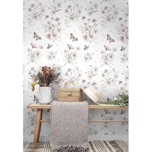 Vinjiasin Wallpaper Peel and Stick Floral Butterfly Contact Paper Vintage Flower Leaf Wall Paper for Bathroom Bedroom Self Adhesive Removable17.3 x 78.7"