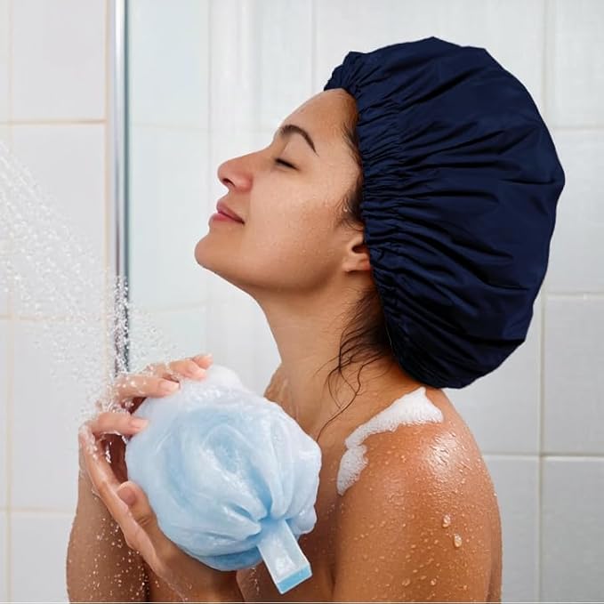 Reusable Shower Cap for Women, Large Waterproof Shower Bonnet with Elastic Band, Washable Bath Hair Cap for Long, Curly Hair, Braids, Daily Shower, Home Spa, Travel(Navy)