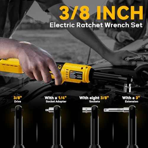 3/8" Extended Cordless Ratchet Wrench for De-Walt 20V Battery, 74Ft-Lbs Brushless Motor Electric Ratchet with 320RPM Variable Speed, 8 Sockets, 3/8" to 1/4" Adapter, 6" Extension Bar (Tool Only)