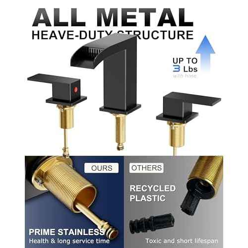 Bathroom Sink Faucet 3 Hole, Matte Black Waterfall Bathroom Faucets, 8 Inch Widespread Bathroom Faucet with Pop-up Drain and Supply Lines, Two Handles Faucets for Vanity, Lavatory, Restroom, RV