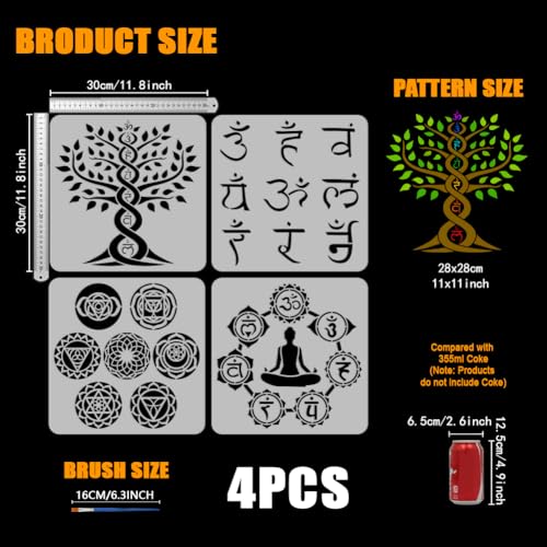 FINGERINSPIRE 4 Styles Religious Themes Stencils with a Brush 11.8x11.8Inch Chakra Symbols Painting Stencil Yoga Pattern Template PET Tree of Life Om Symbols Template for Wood Wall Floor Tiles