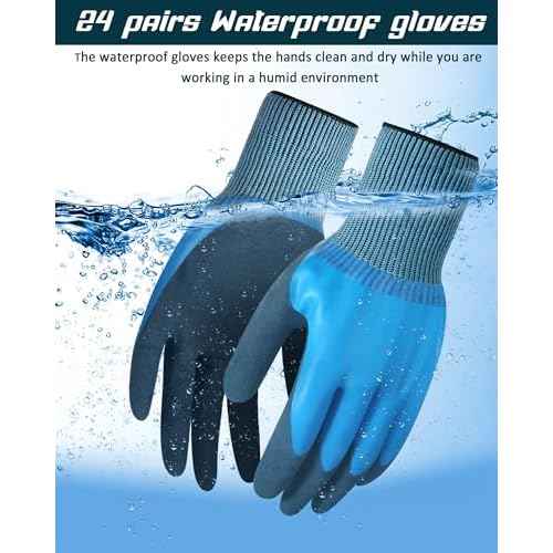 Mimorou 24 Pairs Waterproof Work Gloves Bulk Double Rubber Coated Non-slip Working Gloves Women Men Gardening Gloves