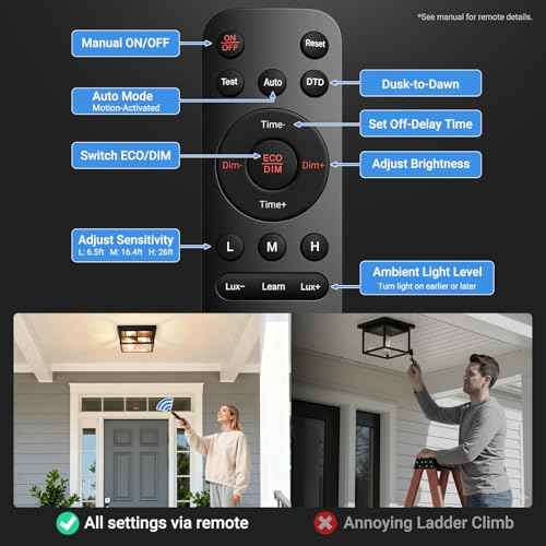 Motion Sensor Outdoor Ceiling Light with Remote, Distance and Time Adjustable Outside Flush Mount Ceiling Light, 5 Modes Porch Lights Outdoor Ceiling for Garage, Porch, Entryway, Black, Square