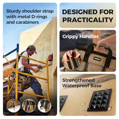 COMOWARE 16" Tool Bag, 19-Pocket Heavy Duty Tool Organizer with Adjustable 51.2" Shoulder Strap, 1680D Oxford Fabric & PVC Coating, Reflective Strips, Tactical Loops, Mechanics, Plumbers, DIY