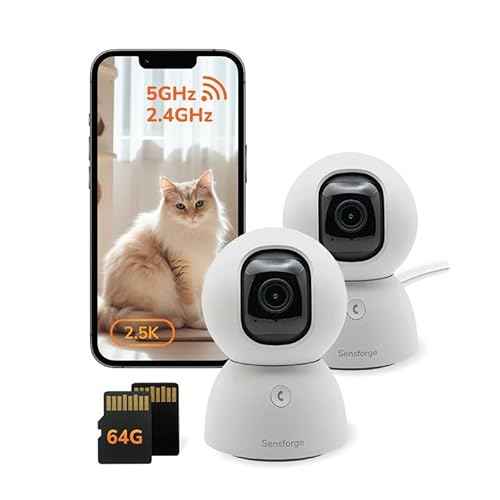 Sensforge 2.5K Indoor Pan-Tilt Dome Security Camera (2-Pack), AI Human & Pet Detection, 360¡Æ Coverage, Two-Way Audio, Dual-Band Wi-Fi (2.4G/5G), 64GB SD Card Included, No Monthly Fees