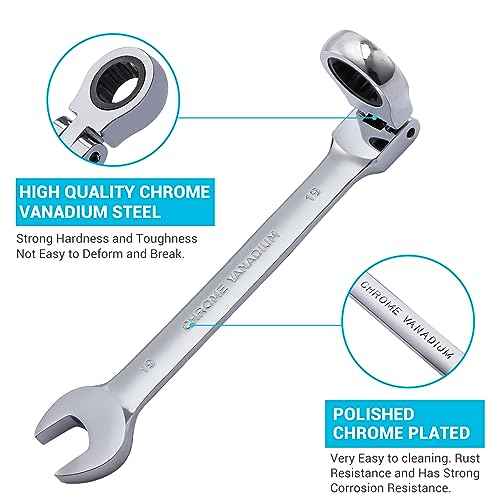 B4B BANG 4 BUCK 19mm Ratcheting Combination Wrench Metric, Flex Head Ratcheting Wrench Spanner with 12-Point Design, 72-Tooth Ratchet, Chrome Vanadium Steel