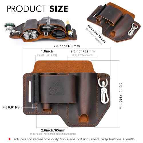 FLYHOMES Genuine Leather Multitool Sheath | Handmade Stitched Belt Organizer for Leatherman Surge | Holds Bit Kit & Extender | Flashlight Holster, Pen & EDC Tools Pouch | Dark Brown