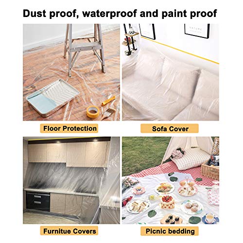 Muf 5 x 65 Feet Plastic Drop Cloth Plastic Sheeting with Masking Tape,Waterproof Protective Masking Film,Prevent Dust Paint for Car,Furniture,Carpet,Floor,1 Pack