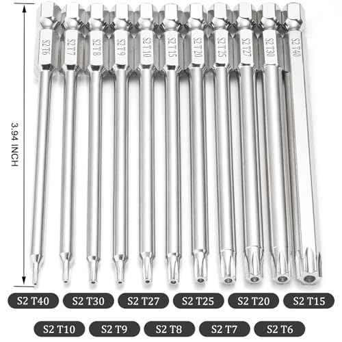 11 Piece Security Torx Bit Set (T6-T40), 1/4 Inch Hex Shank S2 Steel Magnetic Tamper Proof star screwdriver bit set 4" Long