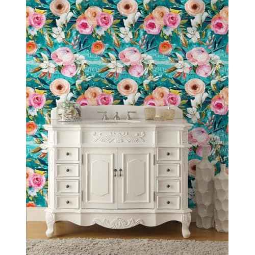 HAOKHOME Floral Peel and Stick Wallpaper Teal Green/Pink Removable Textured for Bedroom Nursery Decorations 17.7in x 6.5ft