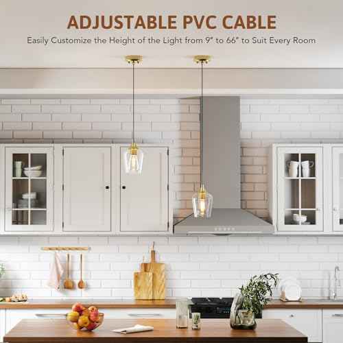 VONLUCE Pendant Lights Kitchen Island, Brushed Gold Pendant Light Fixtures with E26 Base & Adjustable Cable, Modern Pendant Lighting with Glass Shade for Living Room Bedroom Hallway, 2 Packs