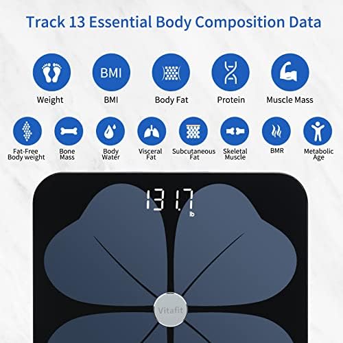 Vitafit Smart Body Fat Weight Scale for Body Composition Monitors, Weighing Professional Since 2001, Digital Wireless Bathroom Scale for BMI Fat Water Muscle with App,400lb, Black