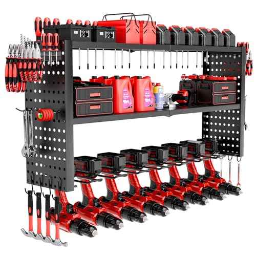 Power Tool Organizer Wall Mount, 3 Layer Heavy Duty Garage organizer Loads 260lbs, Tool Organizers with 8 Drill Hanger, Battery Tools Holder Garage Storage Organization for Workbench, Pegboard, Shed