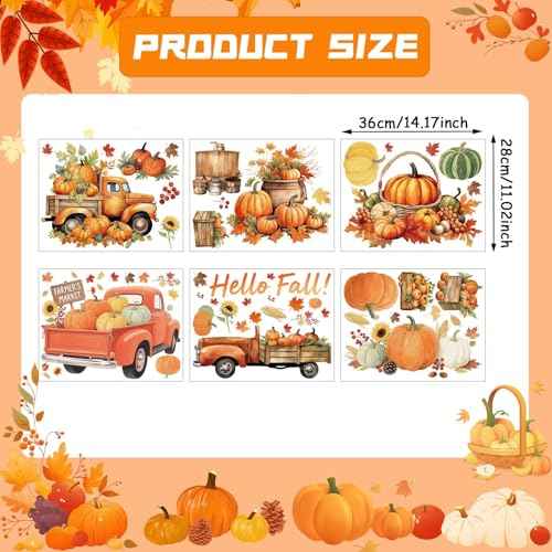 Thanksgiving Fall Wall Decals Removable Autumn Peel and Stick Wall Stickers 6-Sheet Set with Pumpkin Truck, Maple Leaves Design for Home, Office, Bedroom, Living Room Party Decor