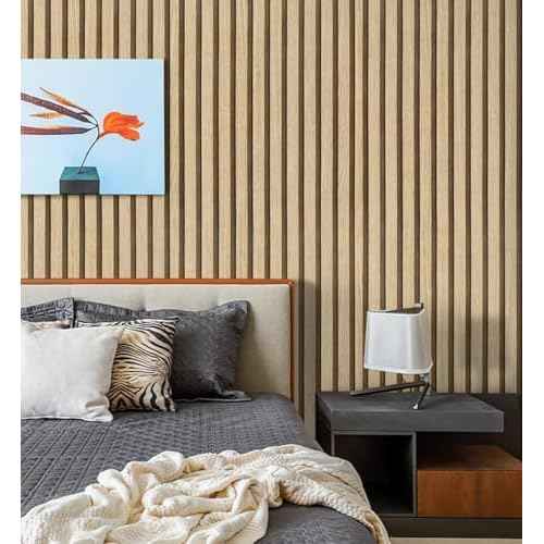 Hopepak Wood Slat Wallpaper Brown Peel and Stick Wallpaper for Bedroom 17.3''x118'' Modern Self Adhesive Removable Wall Paper Faux Wood Grating Stripe Contact Paper Vinyl